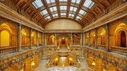 An M/WBE contractor working for the DDC restored the interior and exterior of the atrium laylight ceiling at the Surrogate’s Courthouse at 31 Chambers St. in Manhattan. An M/WBE contractor working for the DDC restored the interior and exterior of the atrium laylight ceiling at the Surrogate’s Courthouse at 31 Chambers St. in Manhattan.