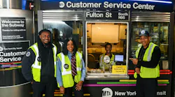 MTA New York City Transit President Richard Davey, Acting MTA Chief Customer Officer Shanifah Rieara and MTA Chief Accessibility Officer Quemuel Arroyo at Fulton Transit Center on March 28, 2023, where they announce the opening of more Customer Service Centers, along with the launch of a program to move Station Agents out of booths and into the stations.
