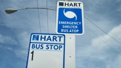 An emergency shelter sign at a HART bus stop in Tampa, Fla. An emergency shelter sign at a HART bus stop in Tampa, Fla.