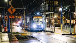 A test train for the Hilltop Tacoma Link Extension operates along the project alignment in December 2022. A test train for the Hilltop Tacoma Link Extension operates along the project alignment in December 2022.