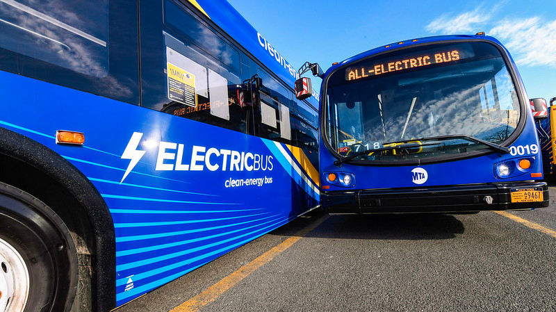 MTA electric buses on display as part of an event outlining plans to redevelop the Jamaica Bus Depot in Queens to fully support an all zero-emissions fleet of up to 60 electric buses.