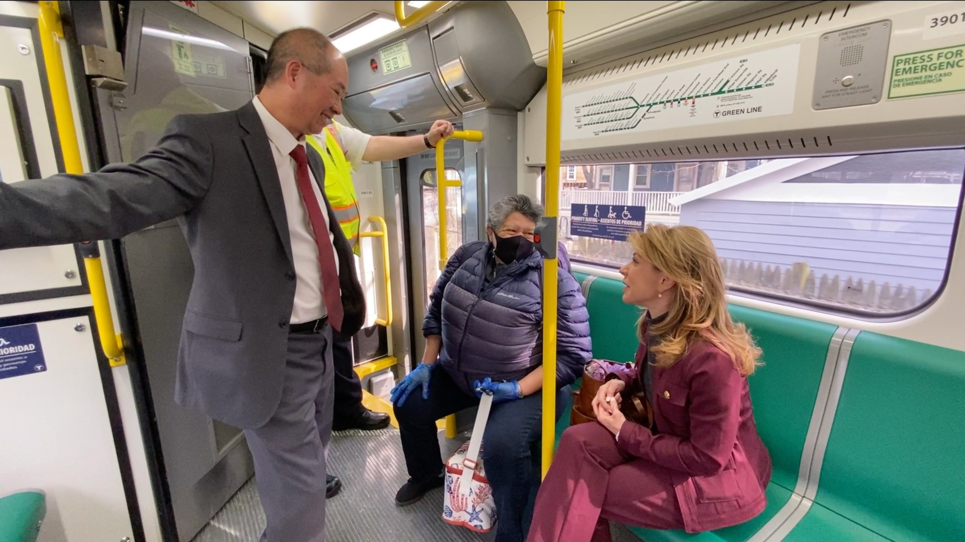 Appointed MBTA General Manager Phillip Eng and Massachusetts Transportation Secretary Gina Fiandaca ride the MBTA Green Line on March 27.