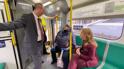 Appointed MBTA General Manager Phillip Eng and Massachusetts Transportation Secretary Gina Fiandaca ride the MBTA Green Line on March 27.