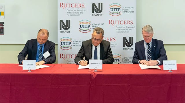 Left to right: Rutgers Director Dr. Ali Maher, UITP Secretary General Mohamed Mezghani and UITP Board Member and NJ Transit President and CEO Kevin S. Corbett sign the agreement and formalize the partnership at Rutgers CAIT at a ceremony hosted by NJ Transit on March 16.