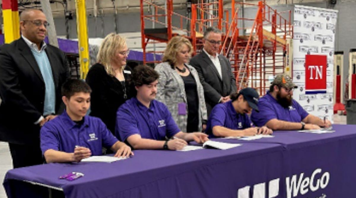 The signing, front left to right- Apprentice signees: Diego Alvarez, Remington Stewart, David Goodlow and Mathew Cordova. Back row: Vince Malone, chief of staff and administration; Steffany Daniel, apprenticeship specialist, apprenticeship Tenn., Kym Tucker, WeGo director of administration and Steve Bland, WeGo CEO. Apprentices not pictured: Daniel Model and Hunter Burnette.