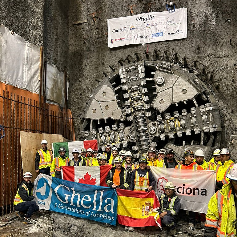 Phyllis, the second TBM excavating the twin tunnel Broadway Subway project, broke through at the future Mount Pleasant Station on March 18, 2023.