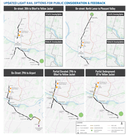 Maps showing the five light-rail options under consideration by the Austin Transit Partnership.