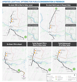 Maps showing the five light-rail options under consideration by the Austin Transit Partnership. Maps showing the five light-rail options under consideration by the Austin Transit Partnership.