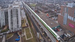 An aerial look at one of the first GO Trains to travel over the new Davenport Diamond Guideway in Toronto. An aerial look at one of the first GO Trains to travel over the new Davenport Diamond Guideway in Toronto.