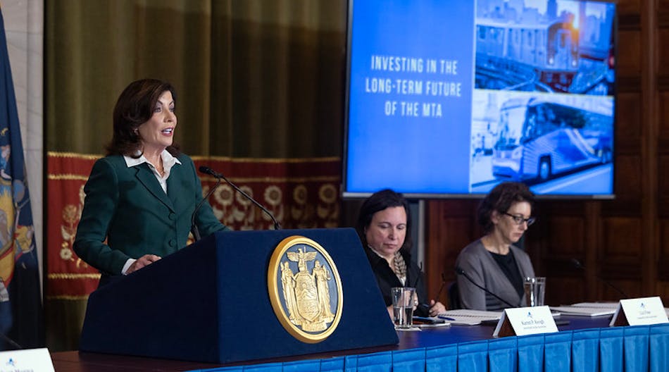 New York Gov. Kathy Hochul provides an update on the Fiscal Year 2024 Executive Budget during a news conference on April 27. The budget agreement includes $1.1 billion for MTA.