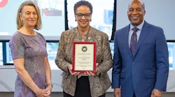 TSA Regional Security Director for Surface Operations Mary V. Leftridge Byrd, center, presents the TSA Gold Standard Award to JTA Chair Debbie Buckland, left, JTA CEO Nathaniel P. Ford at the JTA's March 30 board meeting.
