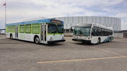 MTB ZEV Clean Power demonstration bus (left) and Milton Transit bus 1701, Canada’s first diesel to electric conversion in front of the Milton Velodrome prior to conversion. MTB ZEV Clean Power demonstration bus (left) and Milton Transit bus 1701, Canada’s first diesel to electric conversion in front of the Milton Velodrome prior to conversion.