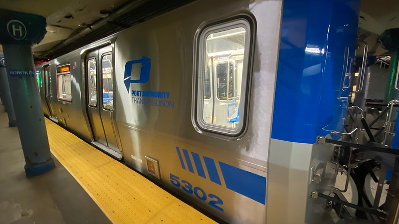 A train set with some of PANYNJ's new Kawasaki rail cars at the PATH Hoboken station.