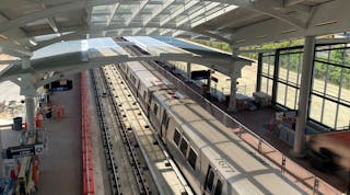 A train moves through Metrorail&apos;s Potomac Yard station; the station will open May 19 and serve residents and visitors of Alexandria, Va.