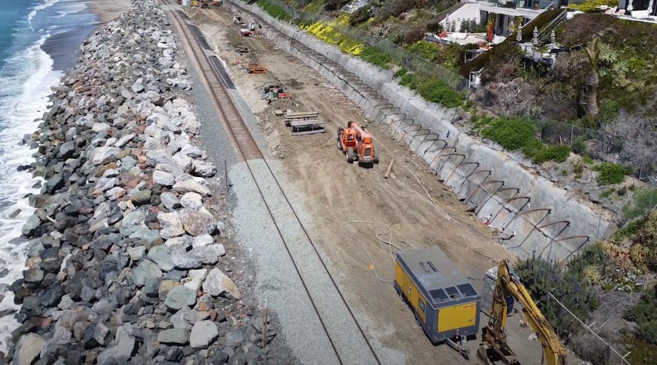 Crews installed more than 200 ground anchors, each 130 feet long, to stop the privately owned slope adjacent to the tracks from moving and stabilizing the track.