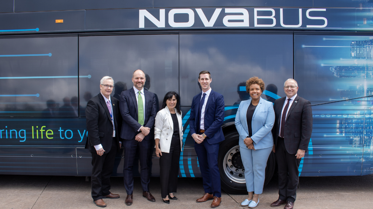 From left to right: John Henry, regional Chair and CEO, DRT; Brian Reilly, director, investments, CIB; Marilyn Crawford, deputy mayor for the town of Ajax and chair of the Transit Executive Committee for Durham Regional Council; Doug Proska, managing director, EnerFORGE; Mylene Tassy, vice president, sales and marketing, Nova Bus; Bill Holmes, general manager, DRT.