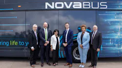 From left to right: John Henry, regional Chair and CEO, DRT; Brian Reilly, director, investments, CIB; Marilyn Crawford, deputy mayor for the town of Ajax and chair of the Transit Executive Committee for Durham Regional Council; Doug Proska, managing director, EnerFORGE; Mylene Tassy, vice president, sales and marketing, Nova Bus; Bill Holmes, general manager, DRT.