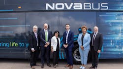 From left to right: John Henry, regional Chair and CEO, DRT; Brian Reilly, director, investments, CIB; Marilyn Crawford, deputy mayor for the town of Ajax and chair of the Transit Executive Committee for Durham Regional Council; Doug Proska, managing director, EnerFORGE; Mylene Tassy, vice president, sales and marketing, Nova Bus; Bill Holmes, general manager, DRT. From left to right: John Henry, regional Chair and CEO, DRT; Brian Reilly, director, investments, CIB; Marilyn Crawford, deputy mayor for the town of Ajax and chair of the Transit Executive Committee for Durham Regional Council; Doug Proska, managing director, EnerFORGE; Mylene Tassy, vice president, sales and marketing, Nova Bus; Bill Holmes, general manager, DRT.