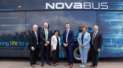 From left to right: John Henry, regional Chair and CEO, DRT; Brian Reilly, director, investments, CIB; Marilyn Crawford, deputy mayor for the town of Ajax and chair of the Transit Executive Committee for Durham Regional Council; Doug Proska, managing director, EnerFORGE; Mylene Tassy, vice president, sales and marketing, Nova Bus; Bill Holmes, general manager, DRT.