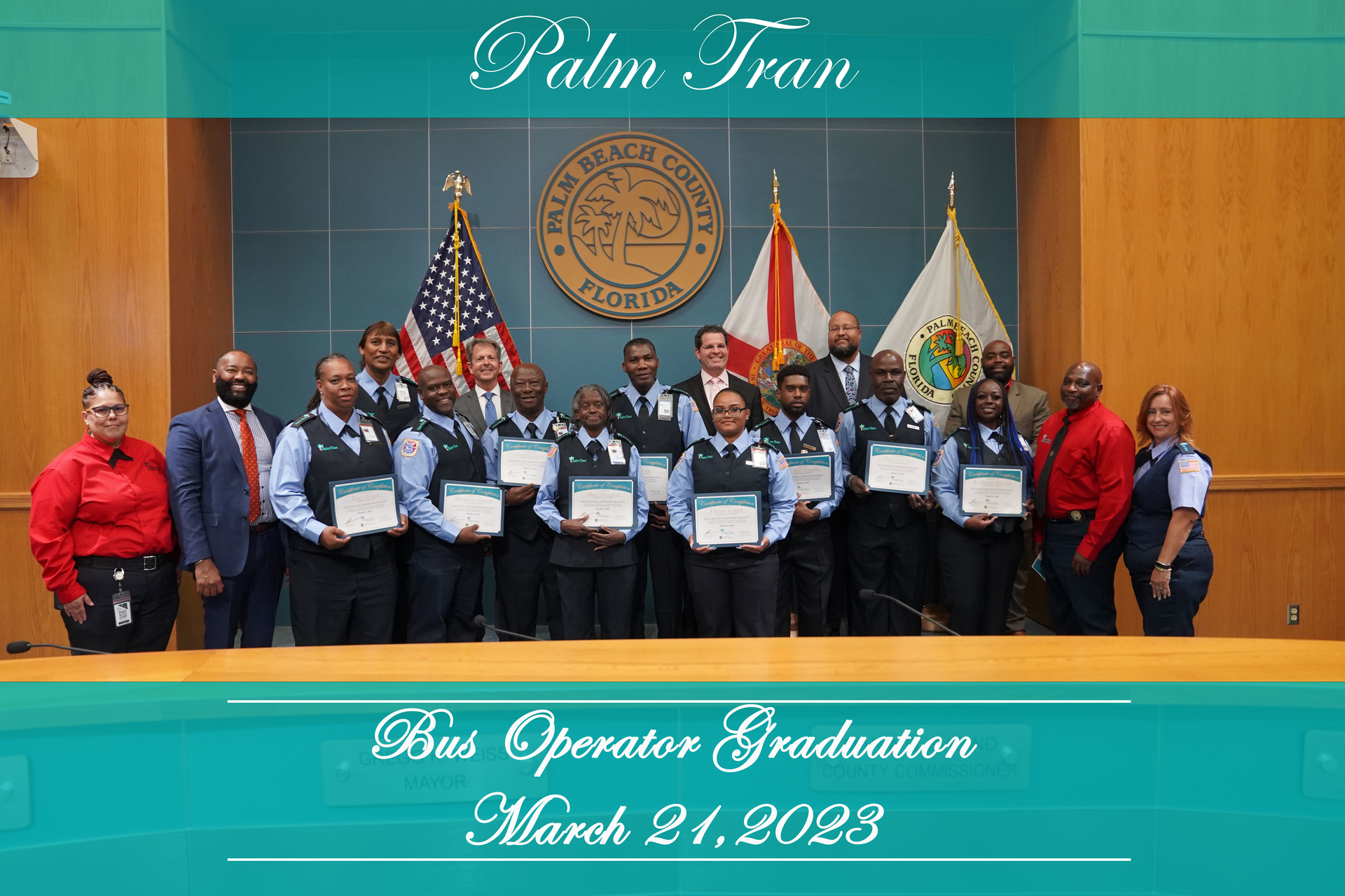 Pictured left to right on the bottom row: Records and Operations Analyst Gesselle Hernandez, Executive Director Clinton B. Forbes, Bus Operator Tracy Brooks, Bus Operator Raymond Johnson, Bus Operator Joseph Cineus, Bus Operator Mary Hargrett, Bus Operator Chelsea Coppel, Bus Operator De Nell Timothy, Bus Operator Pauris St. Val, Bus Operator LaTonya Simeton, Safety and Training Officer Fred Richardson and Bus Operator Loretta Fuegos. Pictured left to right on the top row: Bus Operator Aamer Semuel, Mayor Gregg K. Weiss, Bus Operator Jean Moise, Assistant County Administrator Todd J. Bonlarron, Commissioner Michael A. Barnett and InterimSafety and Training Operations Manager Delvon Meredith.
