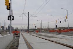 Tracks and overhead wires are in place along much of the LRT route.