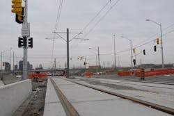 Tracks and overhead wires are in place along much of the LRT route. Tracks and overhead wires are in place along much of the LRT route.