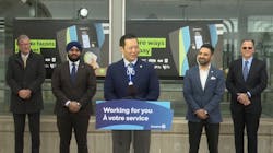 Ontario Associate Minister of Transportation Stan Cho speaks in Brampton to announce several regional transit systems will allow debit cards to be directly tapped to PRESTO readers as an option to pay for transit trips.