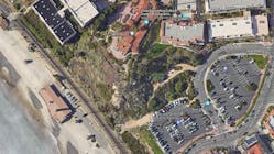 A Google Maps view of the Casa Romantica Cultural Center the slope below that required emergency stabilization efforts and the single railroad track below the slope where passenger train service was suspended for a month for repairs to be completed.