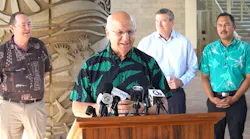 Honolulu Mayor Rick Blangiardi at a May 10 press conference announcing the opening date of the city's rail transit line will be June 30.