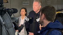 BART Board President Janice Li, left, and Interim BART Police Department Chief Kevin Franklin speak with reporters at Embarcadero Station to highlight the arrest reports from March and April.