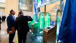 MTA Chair and CEO Janno Lieber observes MTA&apos;s prototype fare gate at an event held at Vanderbilt Hall in Grand Central Terminal on May 17, 2023.