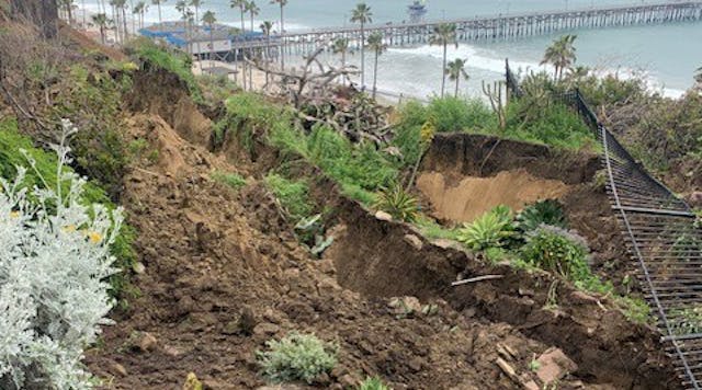 The slope north of the San Clemente Pier dropped 20 feet last week causing rail traffic below the slope to halt while the slope movement is monitored and