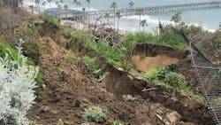 The slope north of the San Clemente Pier dropped 20 feet last week causing rail traffic below the slope to halt while the slope movement is monitored and The slope north of the San Clemente Pier dropped 20 feet last week causing rail traffic below the slope to halt while the slope movement is monitored and