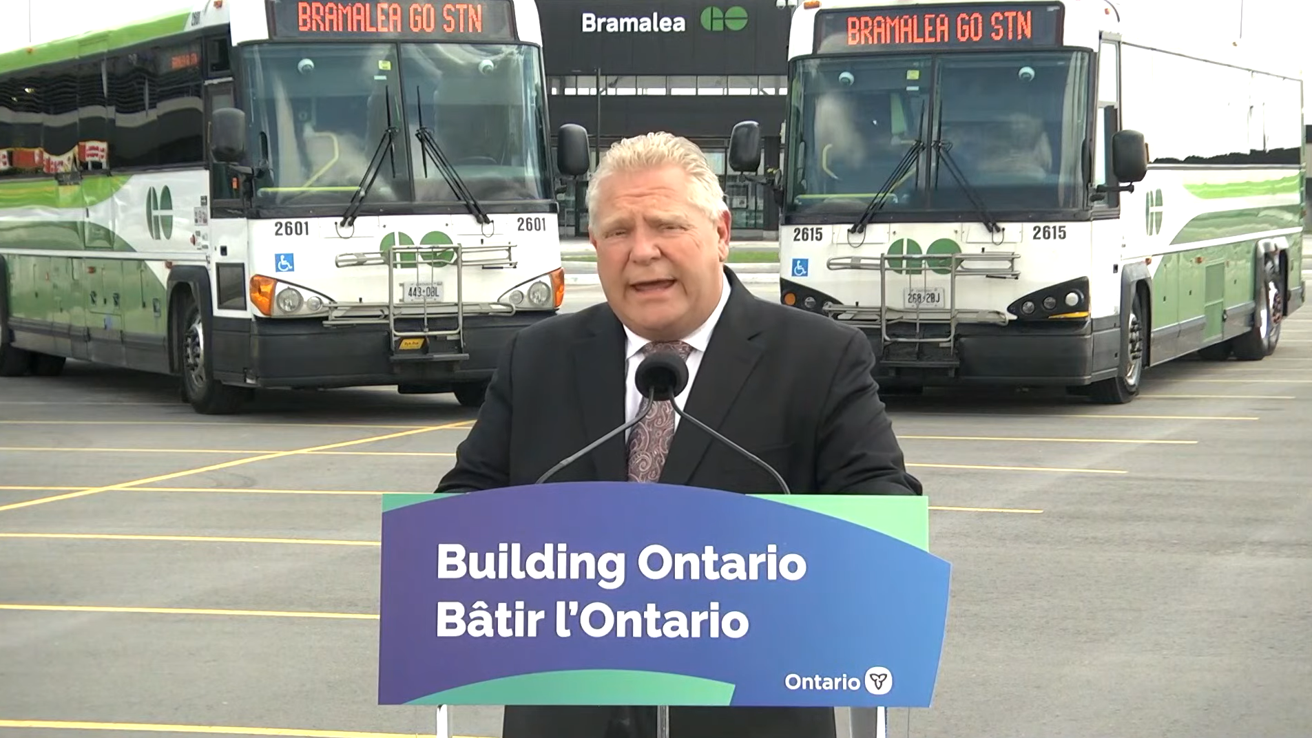 Ontario Premier Doug Ford speaks at an event marking the completion of improvements to Bramalea GO Station.