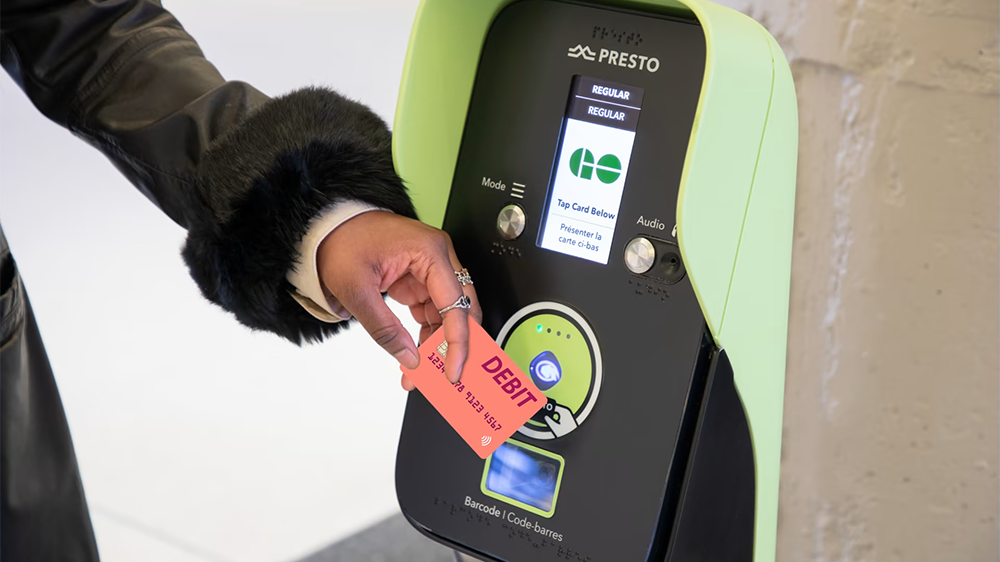 As of May 2, nine transit systems in the Toronto region equipped with PRESTO devices will allow debit cards to be tapped to pay for transit fare. Metrolinx and the government of Ontario are working with TTC to roll out the program to its network this summer.