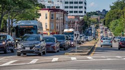 Traffic congestion on Columbus Ave in Jamaica Plain and Roxbury, with multiple MBTA buses stuck behind cars (2020). The authority has been working to install transit signal priority technology on strategic routes to speed bus movements.