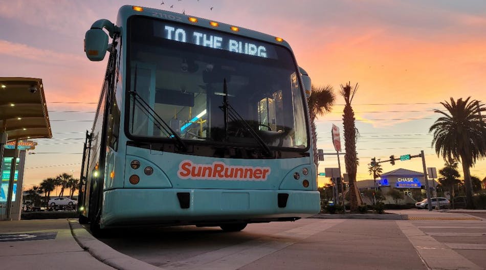 A SunRunner bus at a station; PSTA will purchase three additional buses for the rapid transit route.