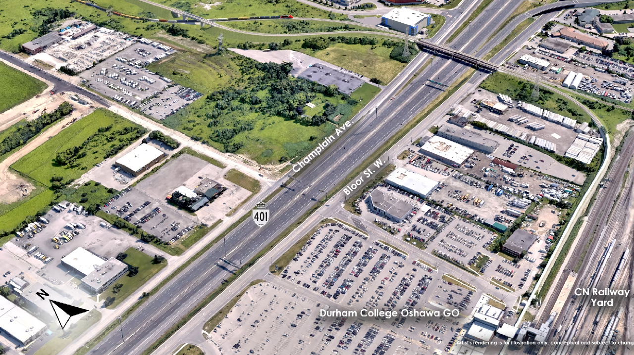 Proposed GO rail alignment from Durham College Oshawa GO Station to north of Highway 401.