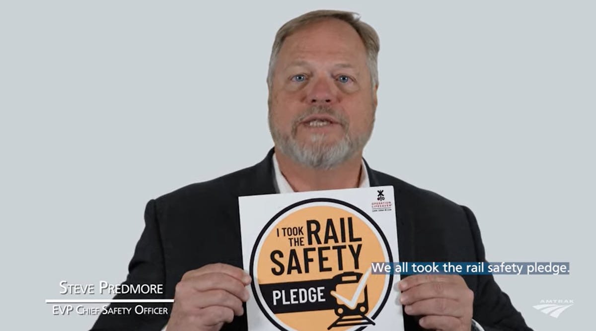 A screenshot from Amtrak&apos;s video promoting the OLI Rail Safety Pledge. The video featured top Amtrak leaders, including EVP and Chief Safety Officer Steve Predmore.