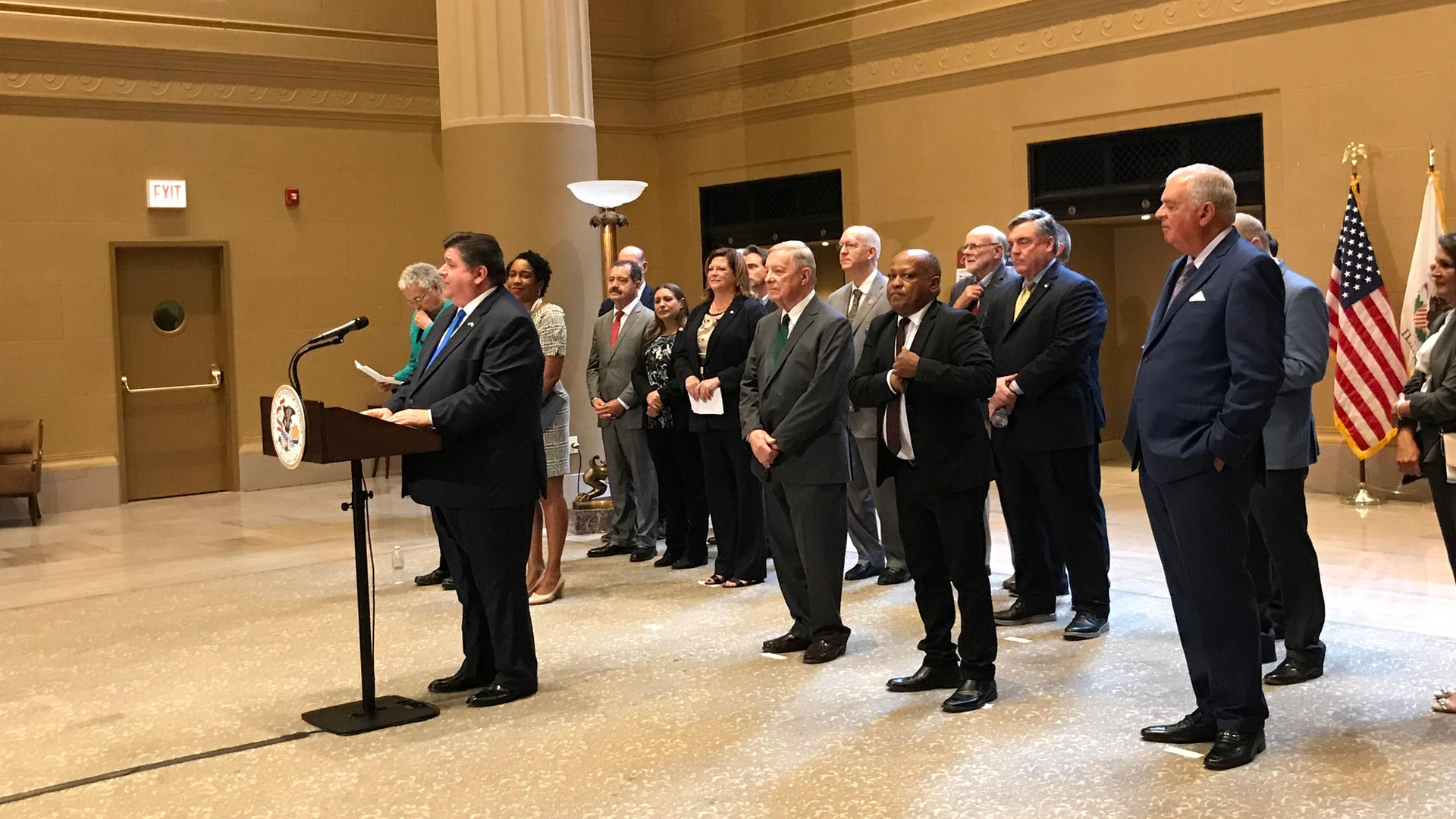Illinois Gov. JB Pritzker speaks at Chicago Union Station on June 26 on the commencement of 110 mph passenger rail service between St. Louis and Chicago.
