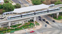 An aerial view of the Kualakai - East Kapolei station, one of nine new rail stations that were built as part of the Honolulu rail project.