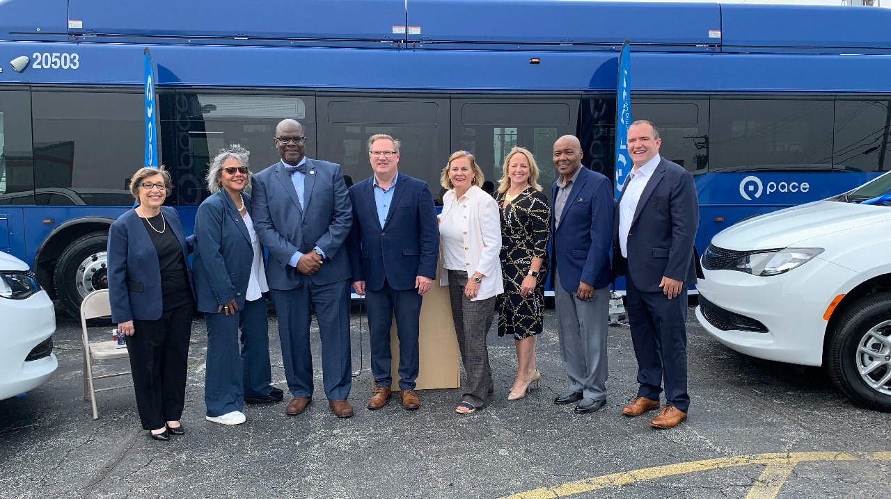 From left to right: Pace Executive Director Melinda Metzger, Congresswoman Robin Kelly (D-IL), Harvey Mayor Christopher J Clark, Pace Chairman Rick Kwasneski, RTA of Northern Illinois Board Member Elizabeth Doody Gorman, Cook County Department of Transportation and Highways Superintendent Jennifer &ldquo;Sis&rdquo; Killen, Pace Director Terry R. Wells and Pace Director David Guerin.