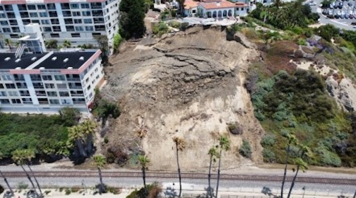 On June 5, the slope below the Casa Romantica Cultural Center in San Clemente, Calif., moved significantly with debris, dirt and a tree entering the right of way of the rail line at the bottom of the slope.