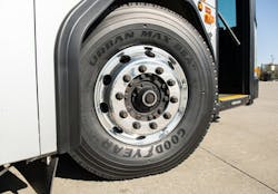The new Urban Max BSAEV tire from Goodyear was designed in partnership with Gillig and is the first Goodyear tire engineered specifically with low rolling resistance for EV transit and Metro buses to help extend range and handle the increased load capacity. The new Urban Max BSAEV tire from Goodyear was designed in partnership with Gillig and is the first Goodyear tire engineered specifically with low rolling resistance for EV transit and Metro buses to help extend range and handle the increased load capacity.