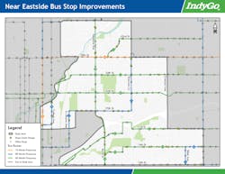 Map of IndyGo's Near Eastside bus stop improvements. Map of IndyGo's Near Eastside bus stop improvements.