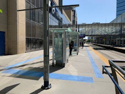 Calgary Transit has installed new blue tactile strips at City Hall and Bridgeland/Memorial CTrain station platforms.