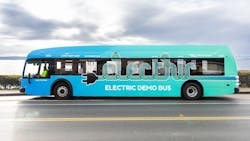 File photo of a BC Transit electric demo bus. BC Transit will purchase up to 115 battery electric buses and install 134 charging points with funding provided by the government of Canada and the government of British Columbia.