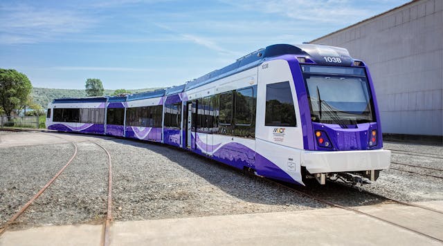 File photo of a Purple Line light-rail vehicle in testing at the production facility.