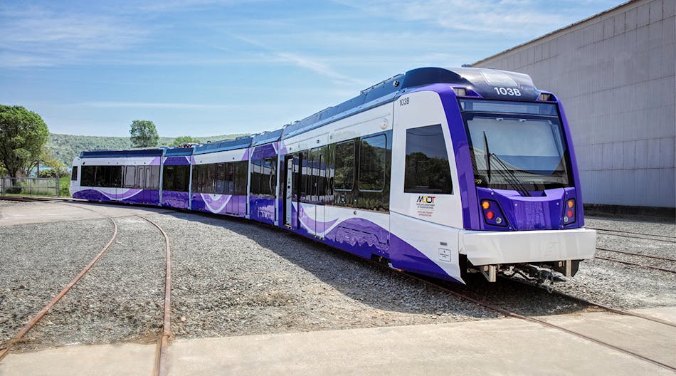 File photo of a Purple Line light-rail vehicle in testing at the production facility.