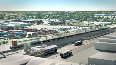 A rendering of the Harvey Transportation Center, which will serve Metra Electric and Pace Suburban Bus customers. The project is one of several to be included in the IDOT's Fiscal Year 2024-29 Proposed Highway and Multimodal Improvement Program.